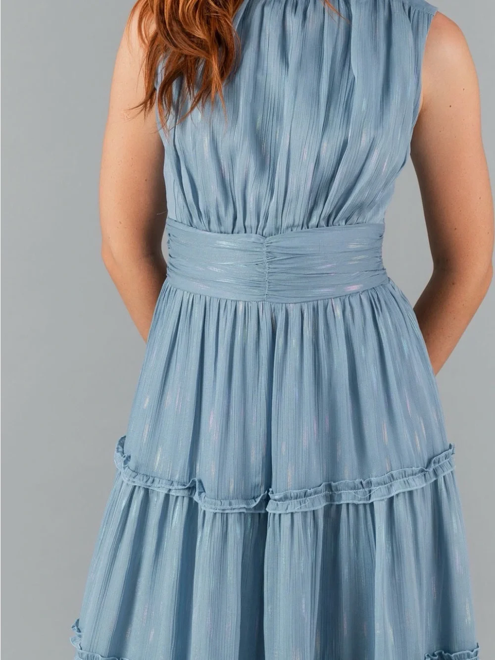 NEW-Aqua Light Blue Iridescent Ruffle Tiered Maxi Dress - Picture 4 of 10